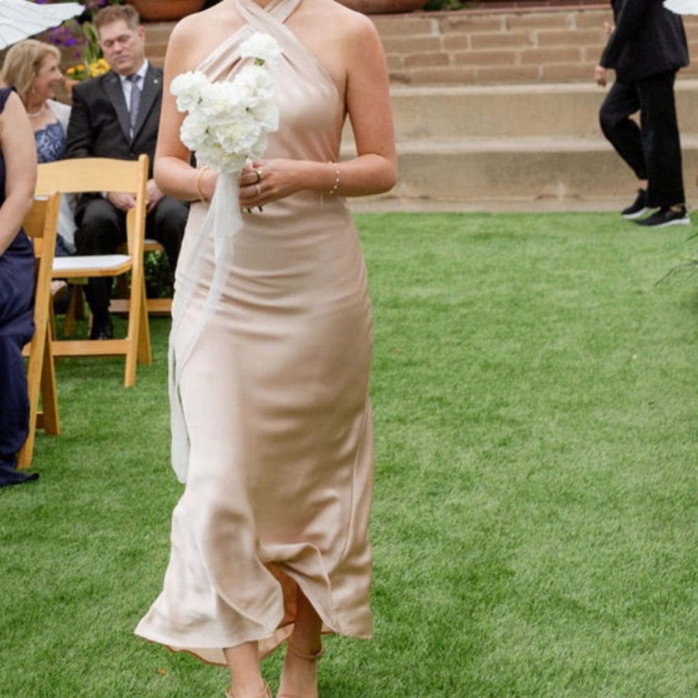 Show Me Your Mumu Jasmine Halter Midi Dress Champagne Luxe Satin XS